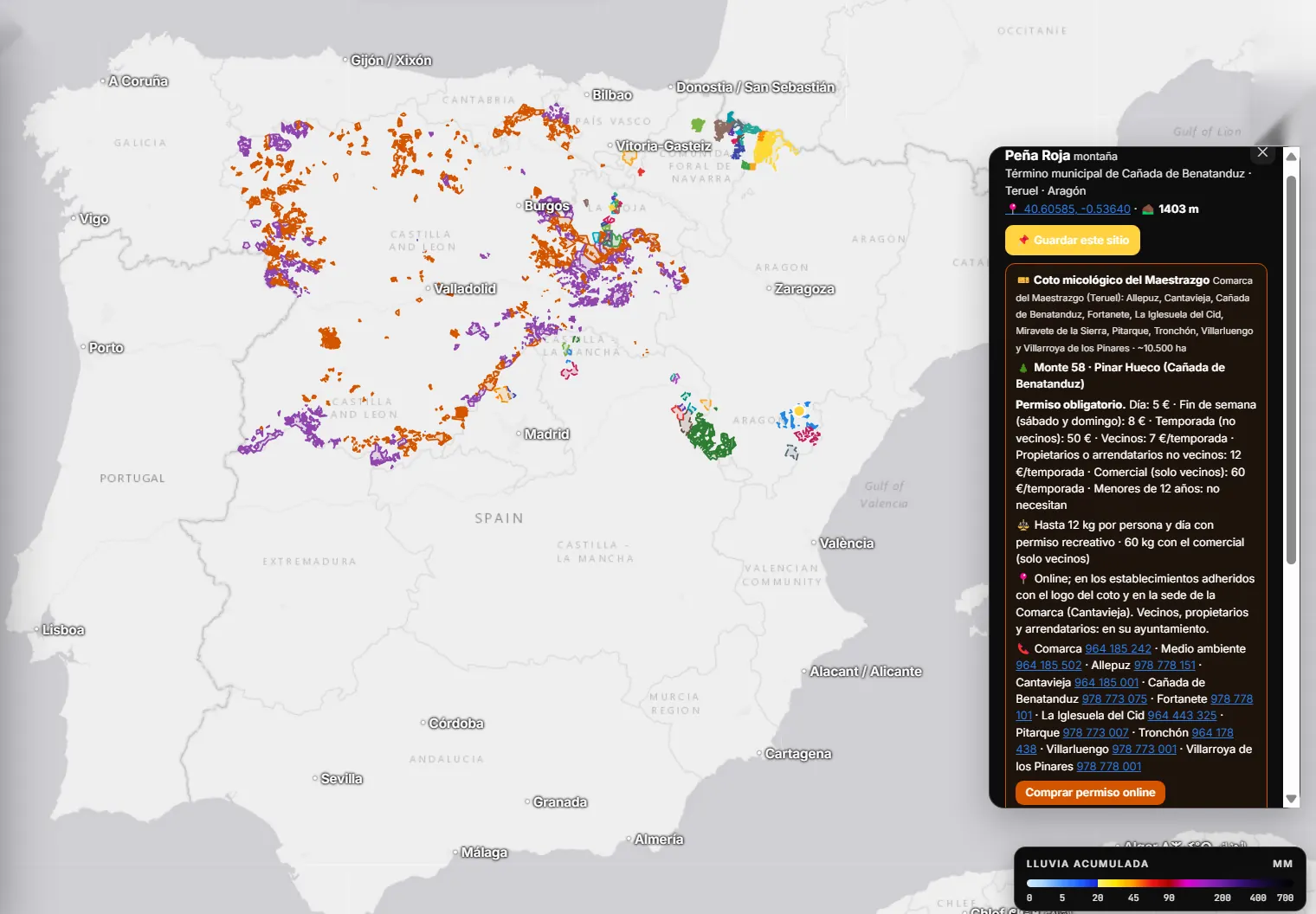 Mapa de cotos micológicos con la ficha del coto del Maestrazgo y sus precios