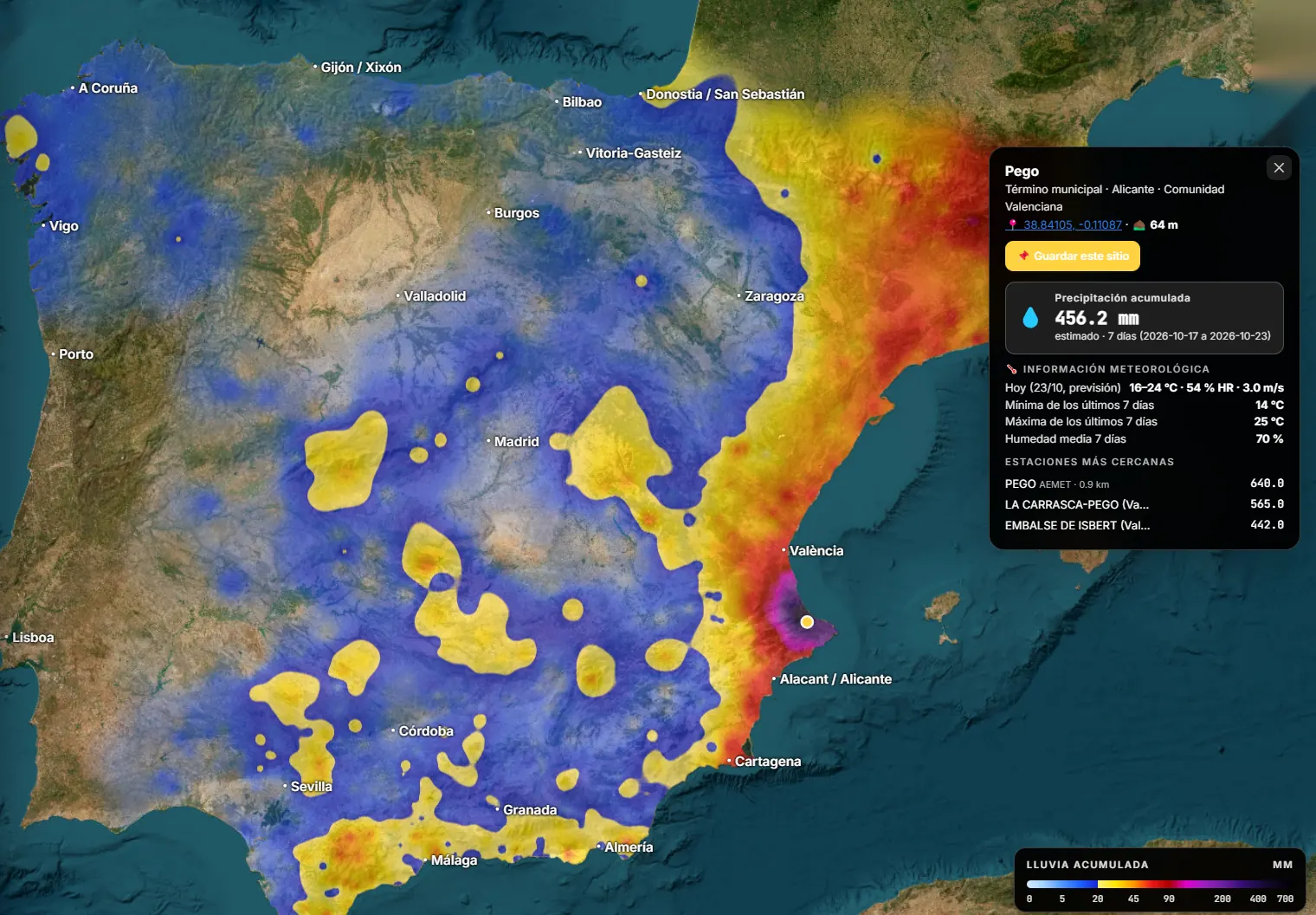 Mapa de lluvia acumulada en 7 días en toda la península, octubre de 2026
