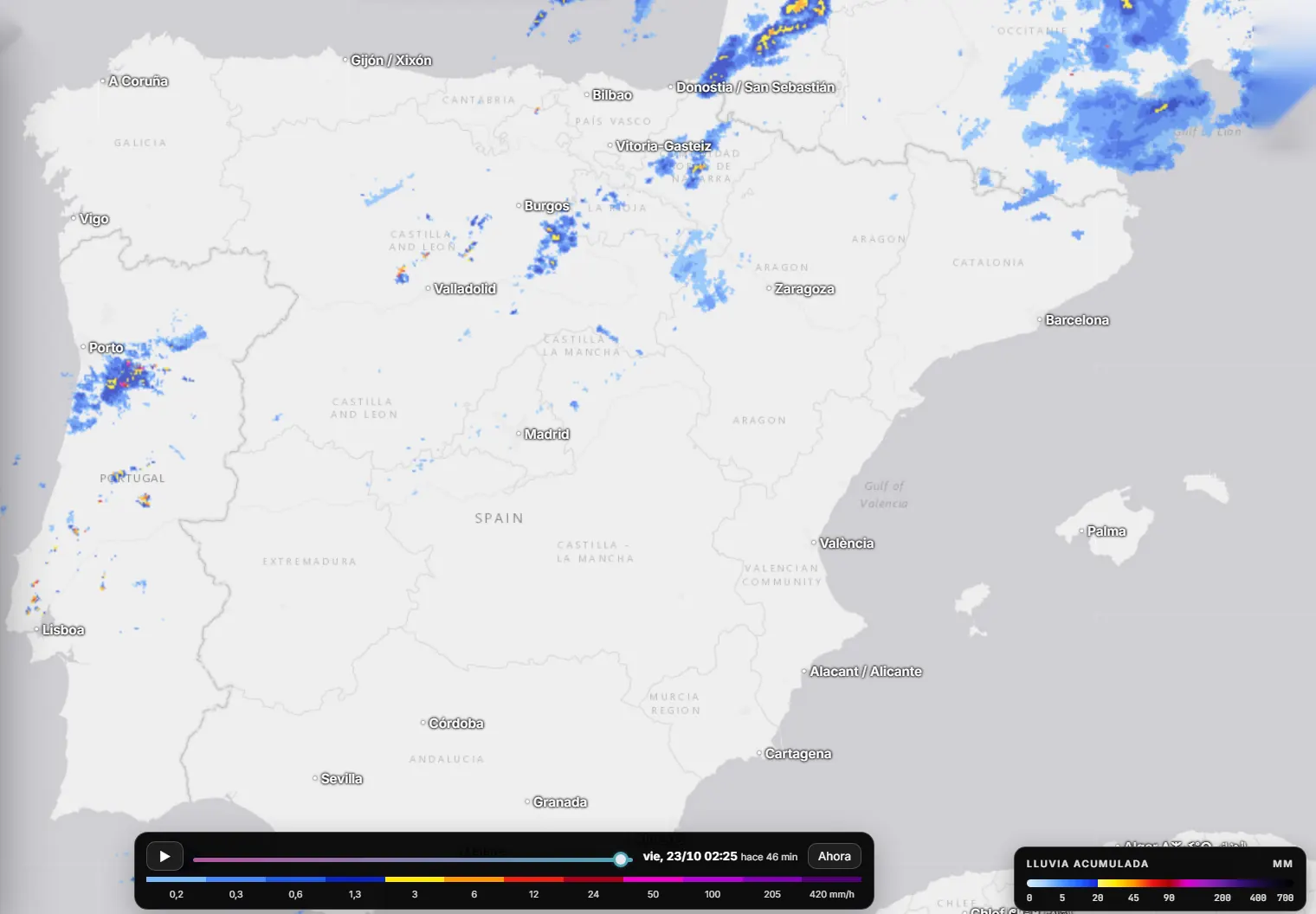 Radar de lluvia sobre la península